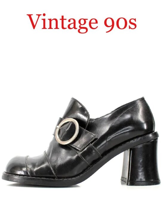 Vintage 90s 1009 Shoes - VTG 90s Black Leather Heeled Loafers Chunky Buckle Strap Shoes Italy Size 6.5/7